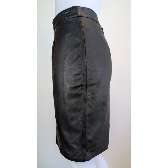 VTG 80s G-III Leather Pencil Skirt 7/8 Black Classic High Waist Back Slit Moto - Picture 2 of 8